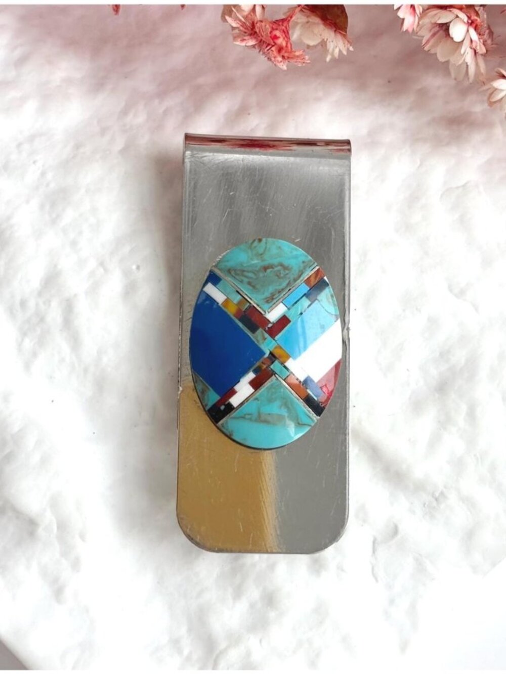 Genuine Multistone Inlaid Southwest Vintage Stainless Steel Money Clip